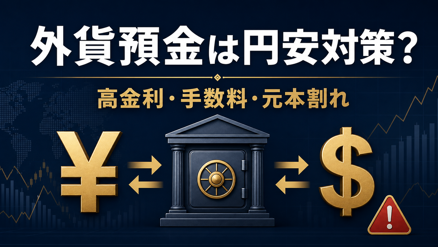 外貨預金の円安対策、高金利、為替手数料、元本割れの関係を示す図