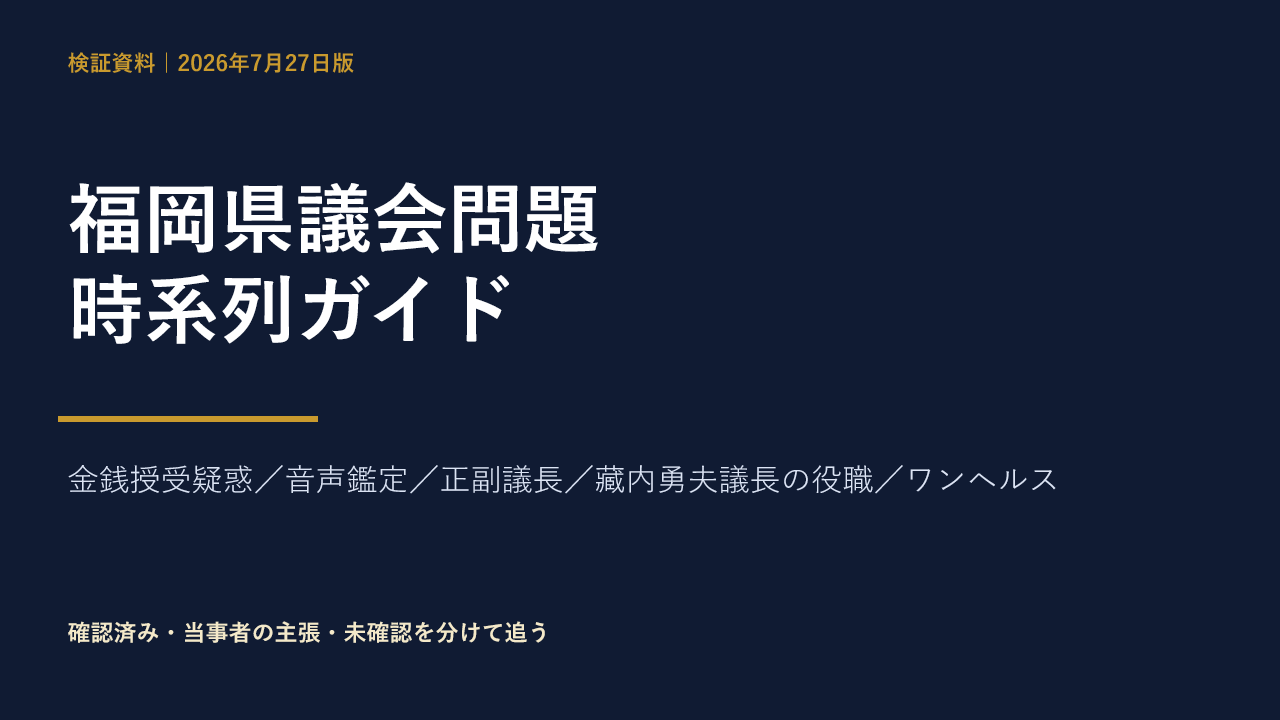 福岡県議会問題の時系列ガイド。金銭授受疑惑、音声鑑定、正副議長、藏内勇夫議長の役職、ワンヘルスを整理