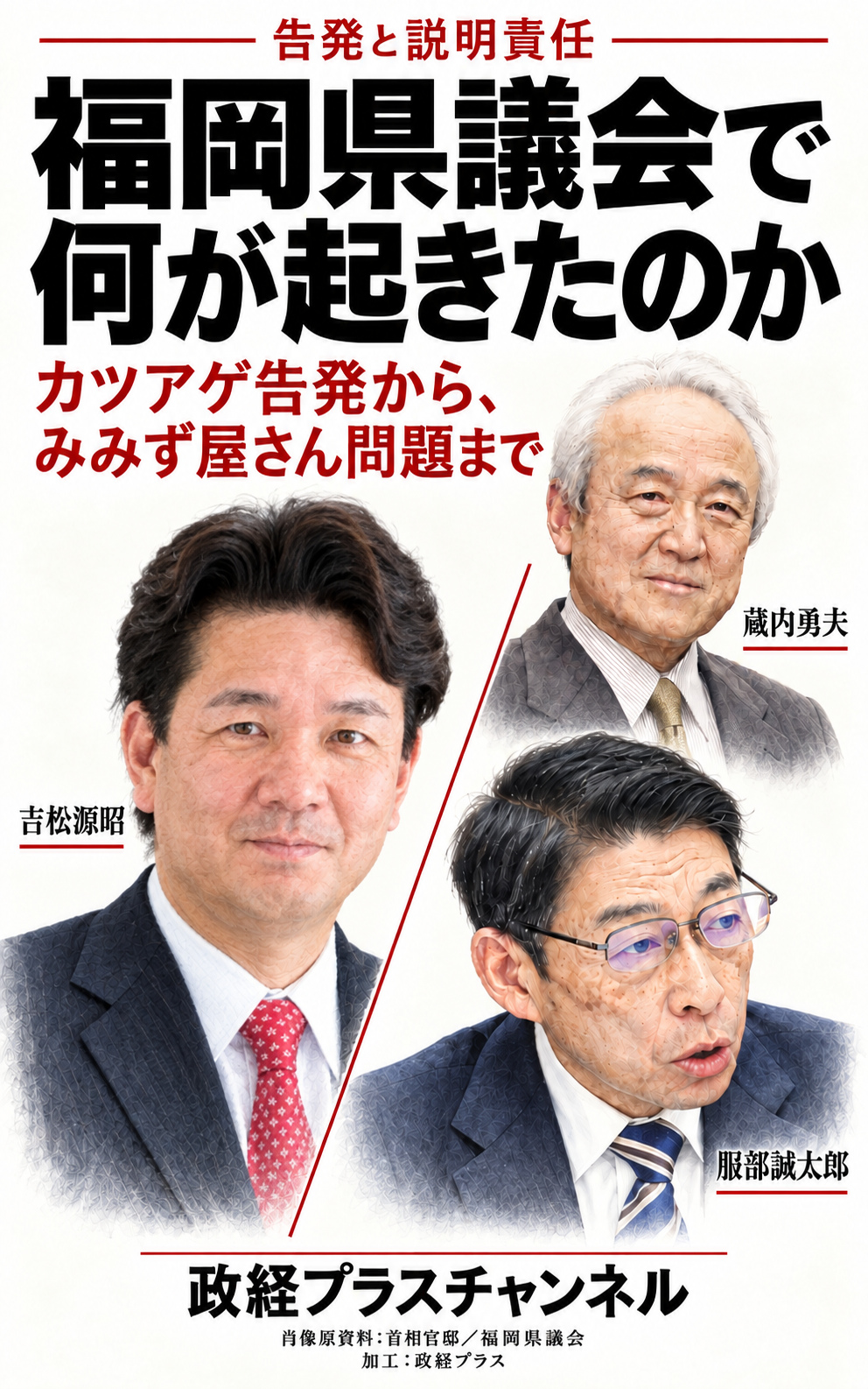『福岡県議会で何が起きたのか』表紙。吉松源昭氏、蔵内勇夫氏、服部誠太郎氏の肖像画。